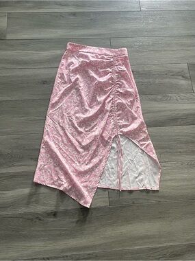 Pink Floral Ruched Midi Skirt